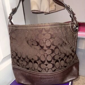 Coach Signature 2156 Brown Jacquard/Leather Trim Large Tote Bag with cover